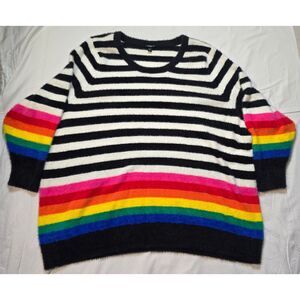 Torrid Womens Plus 6 6X Black White Rainbow Striped Pullover Sweater fuzzy - 96